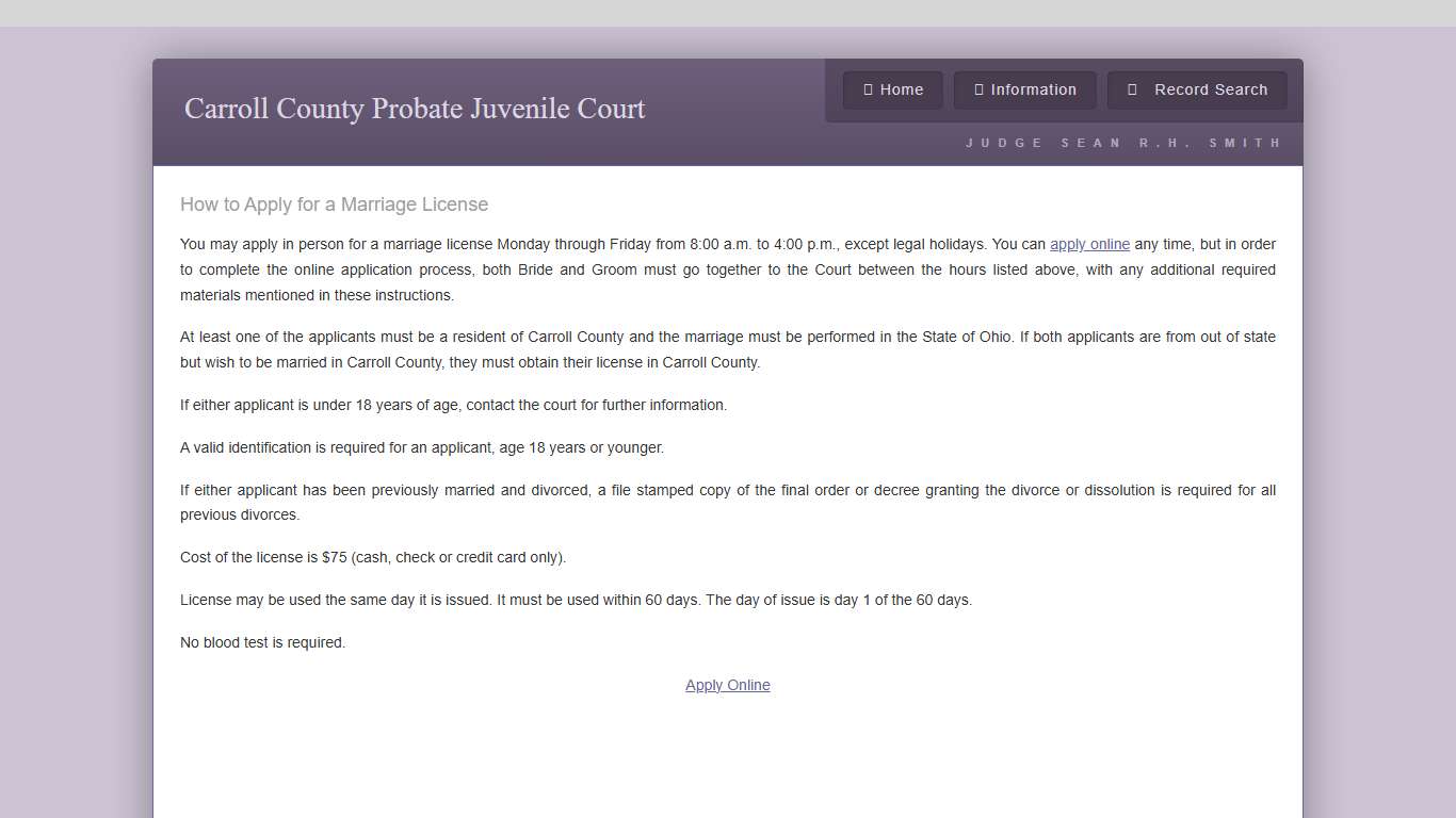 Carroll County Probate Juvenile Court - Marriage Application